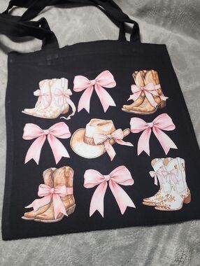 Cowboy Boots & Bows Graphic Tote — Black with Pink Accents. 13x15.